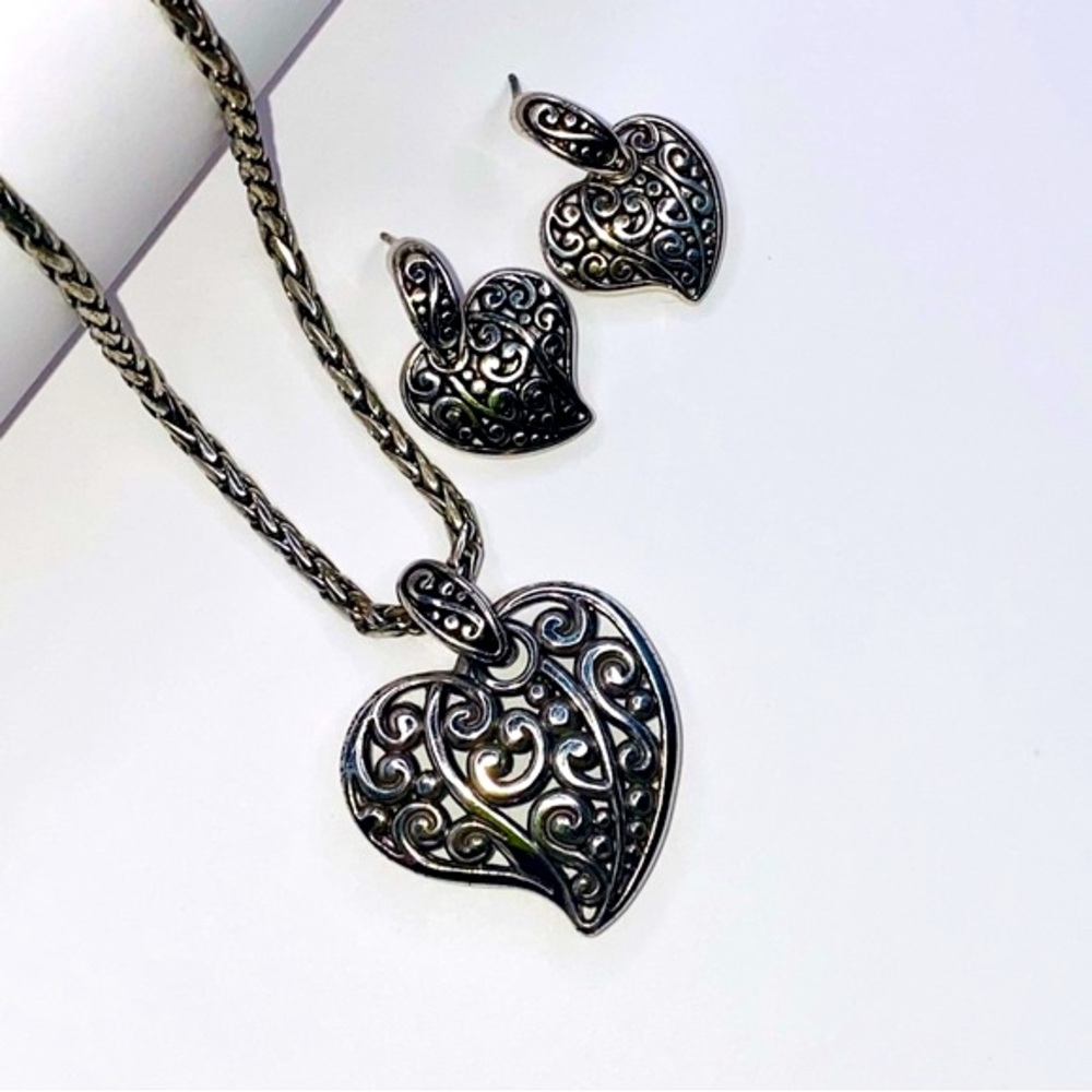Brighton Scroll Heart Necklace and Earring Set Antique Silver